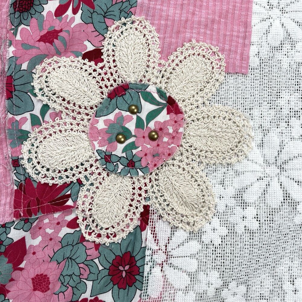 POL Patchwork Tunic Top Sz Medium Pink Floral Lac… - image 7